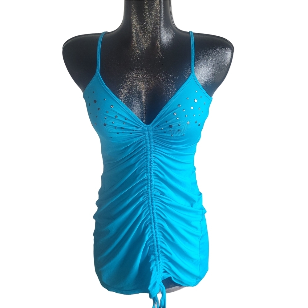 Simon Chang Blue Ruched Front Mini Dress with Studded Detailing S